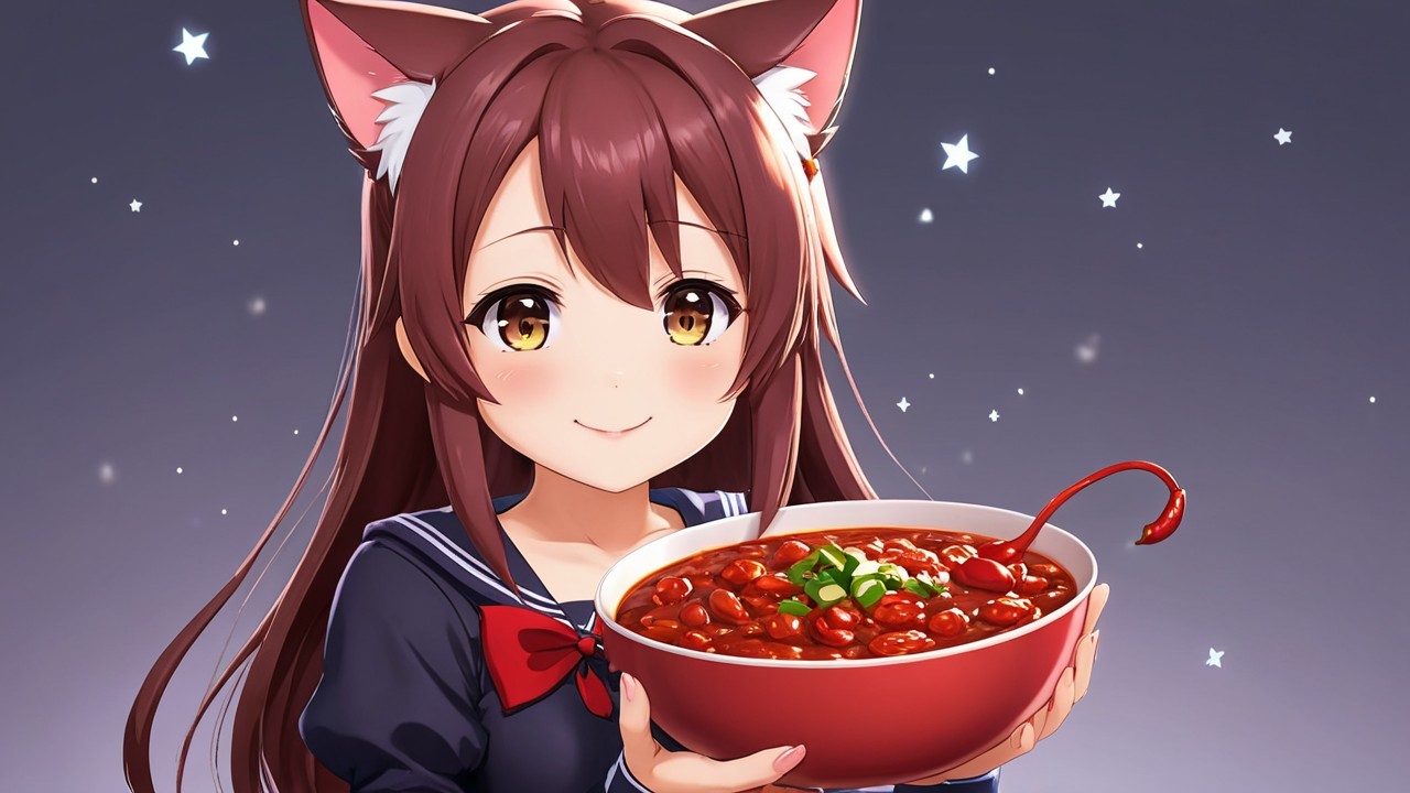 Cheerful anime character with cat ears and chili bowl