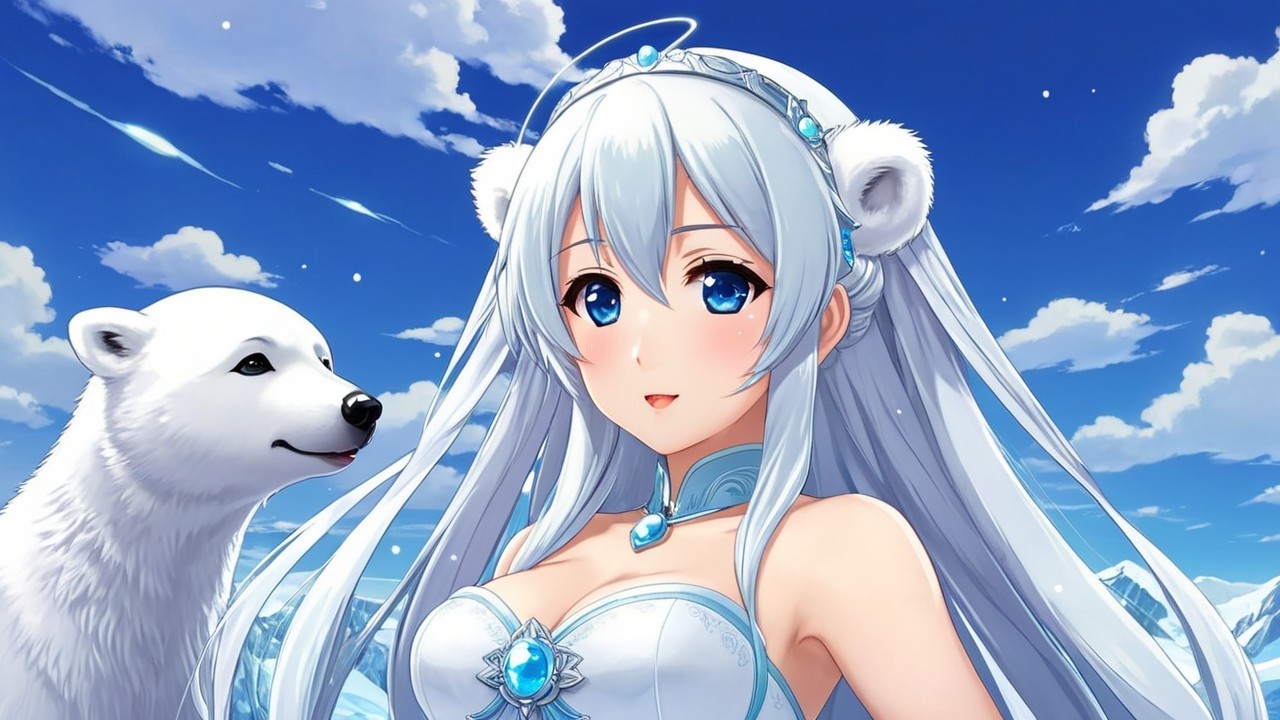 Whimsical Winter Wonderland with Young Woman and Polar Bear