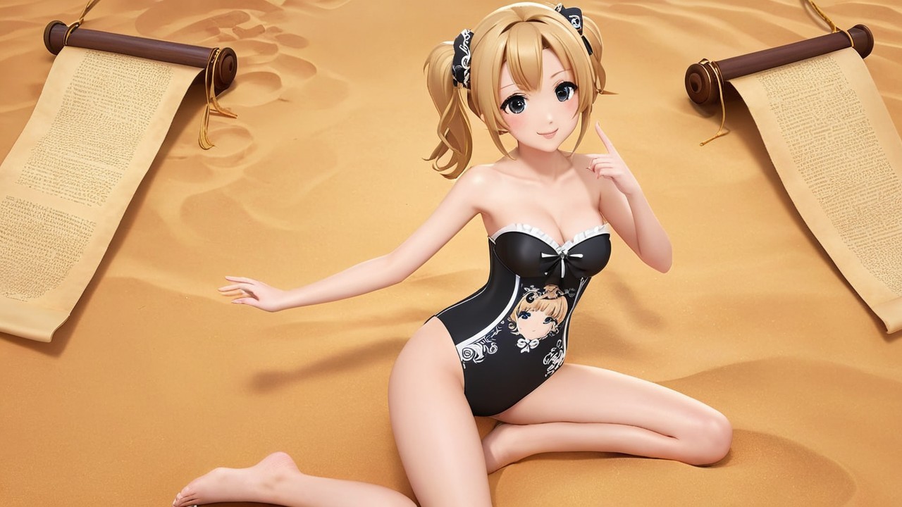 Anime Character in Black Swimsuit on Sandy Surface