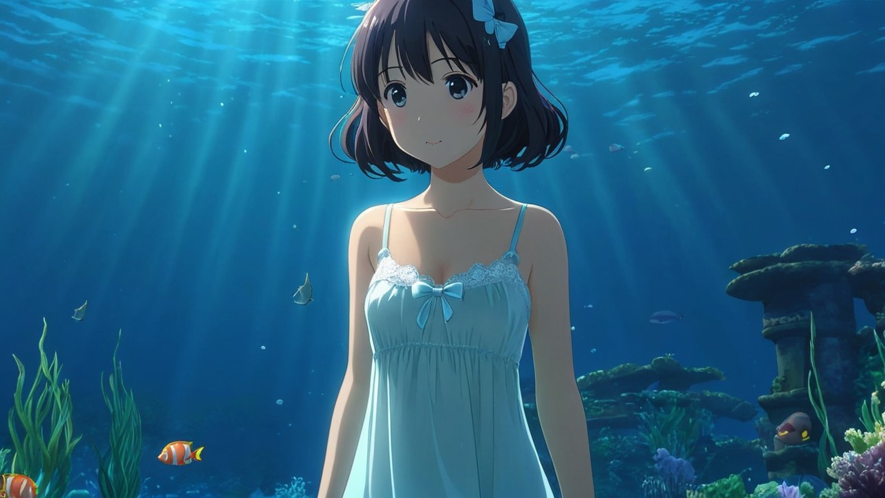 Young girl in vibrant underwater scene with fish and coral