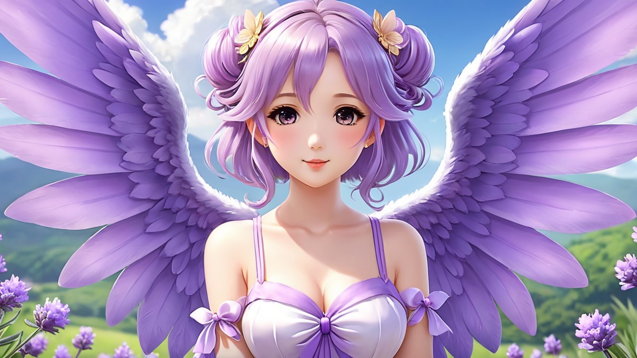 Serene figure with lavender wings in a flower field