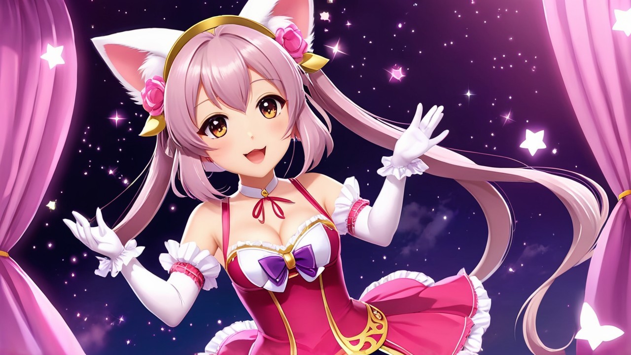 Cheerful anime character with pink hair and cat ears