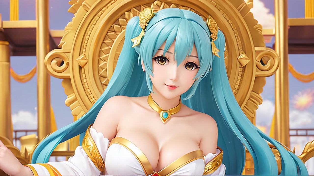 Character with Aqua-Blue Hair in Elegant Setting
