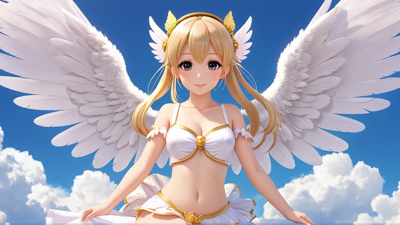 Fantastical Character with White Wings Against Blue Sky