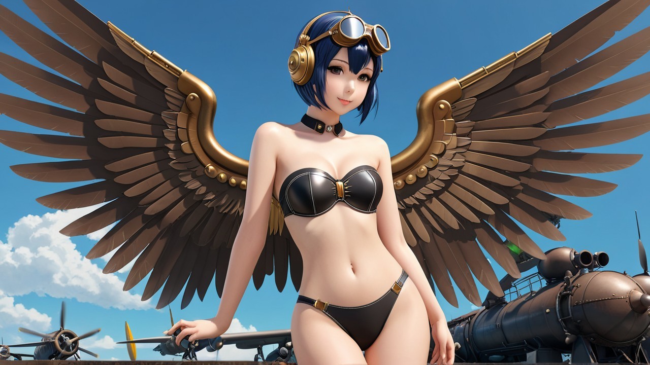 Stylized Character with Wings and Vintage Aircraft