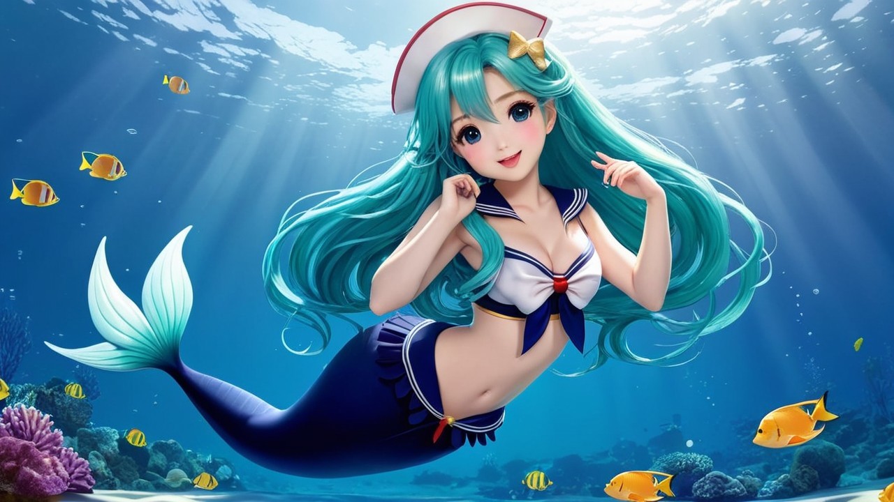 Vibrant Underwater Scene with Mermaid and Marine Life