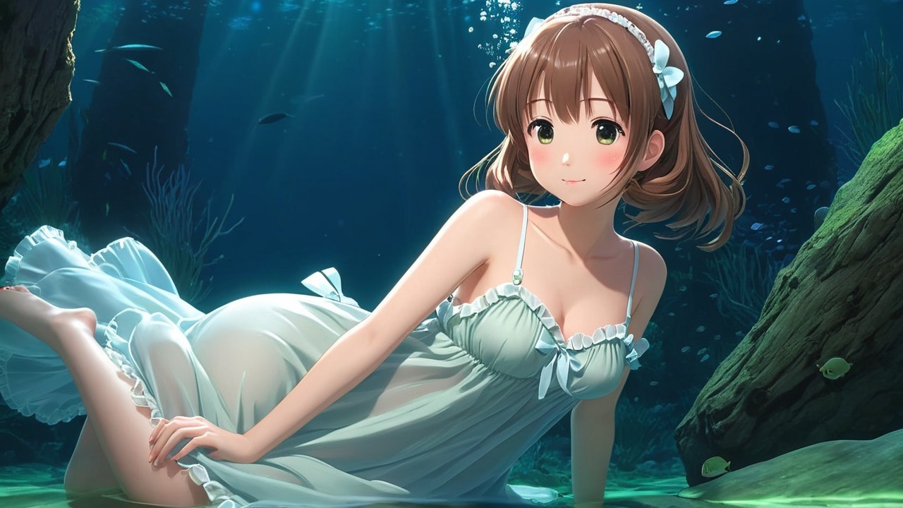 Underwater Scene with Girl in Sheer White Dress
