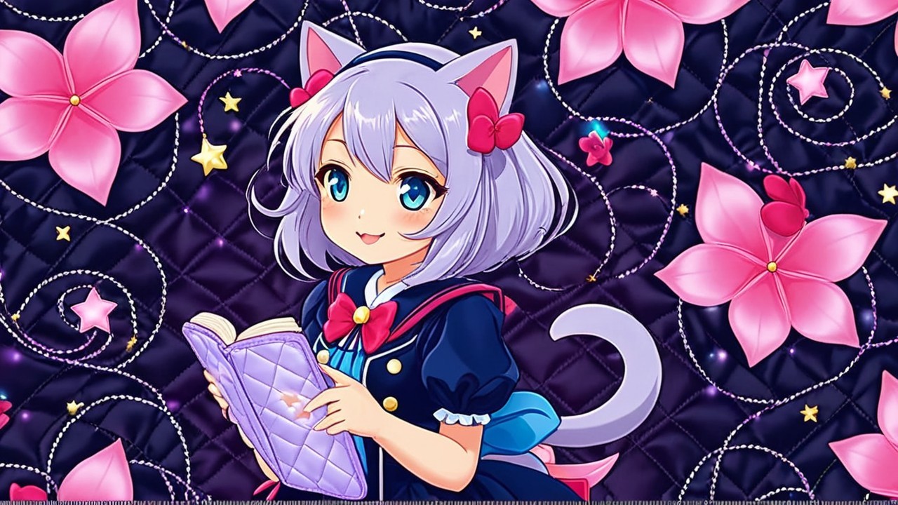 Cute anime girl with purple hair and cat ears