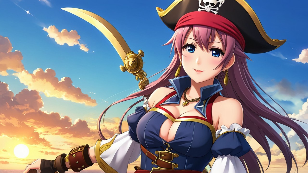 Confident Female Pirate in Sunset with Sword
