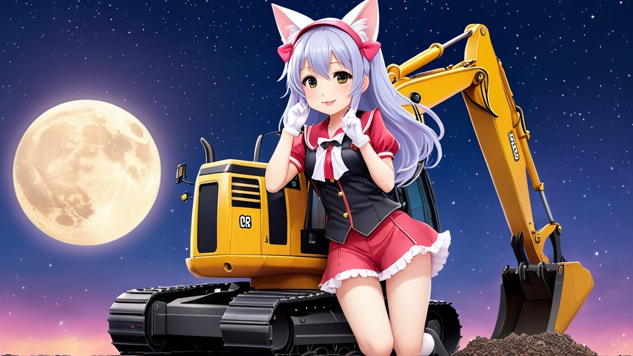 Anime girl with lavender hair beside yellow excavator