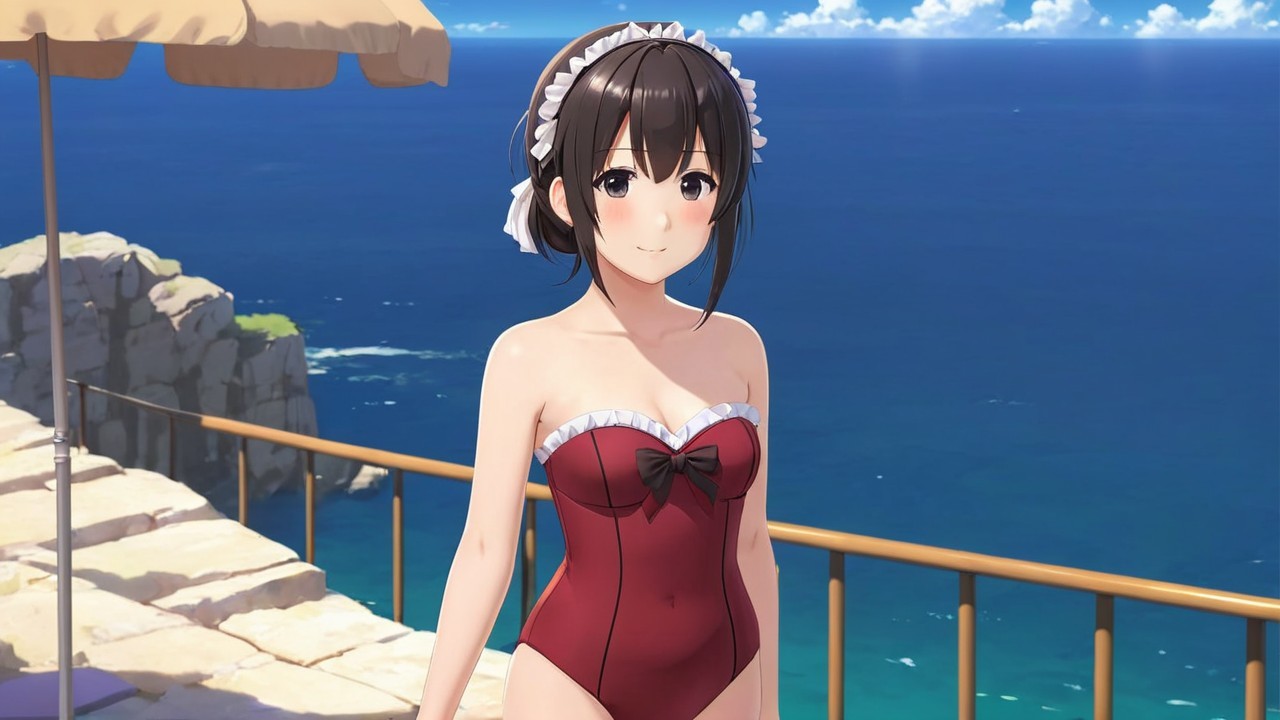 Young Female Character in Stylish Red Swimsuit by Ocean