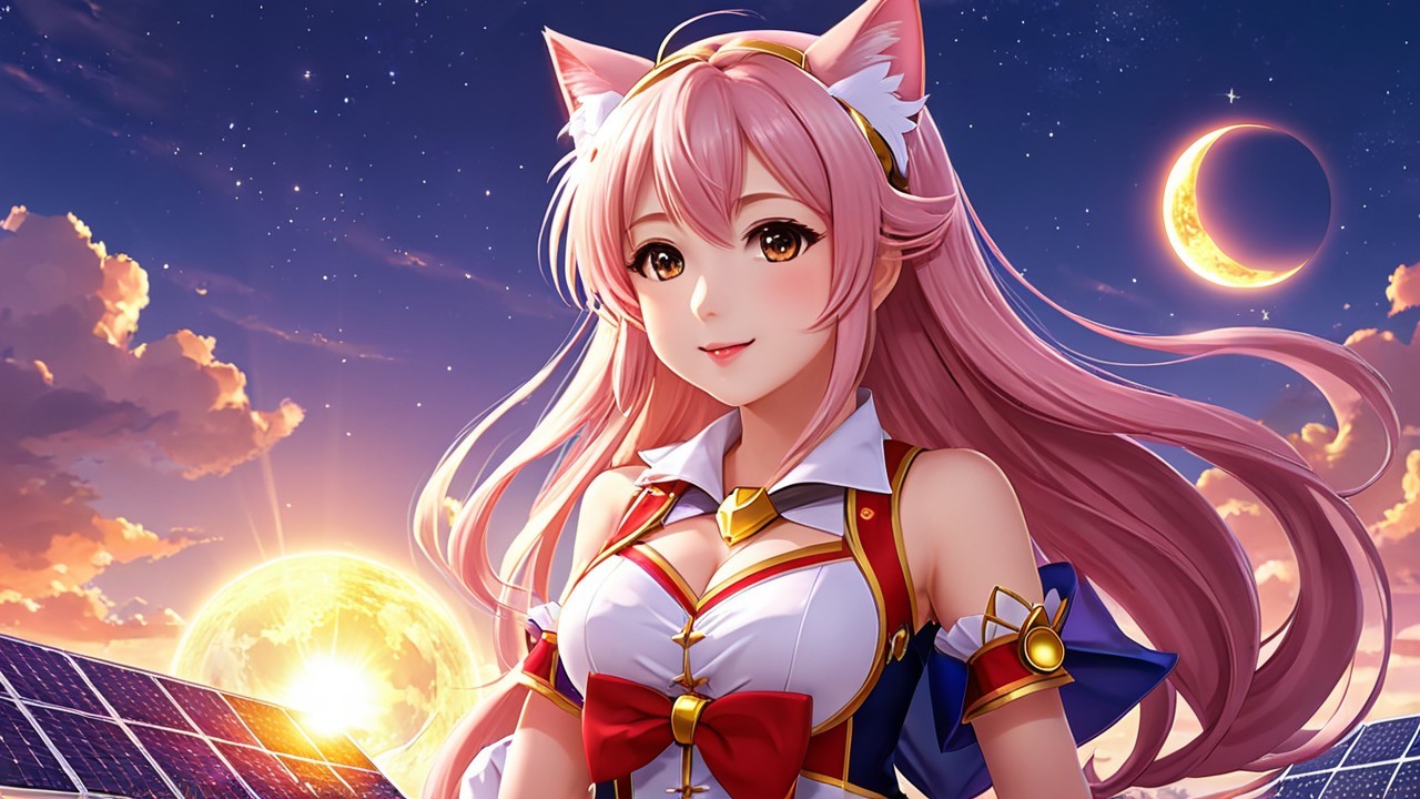 Vibrant anime character with cat ears at sunset
