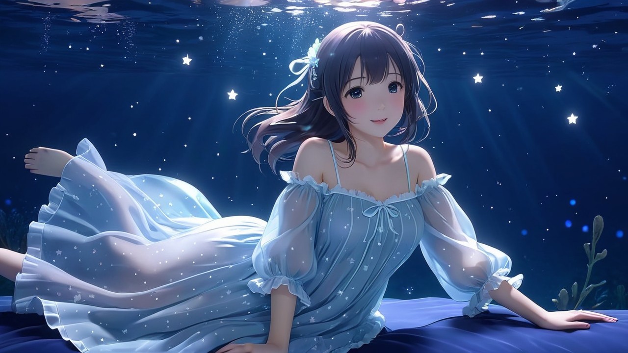 Girl in light blue dress floating underwater with stars