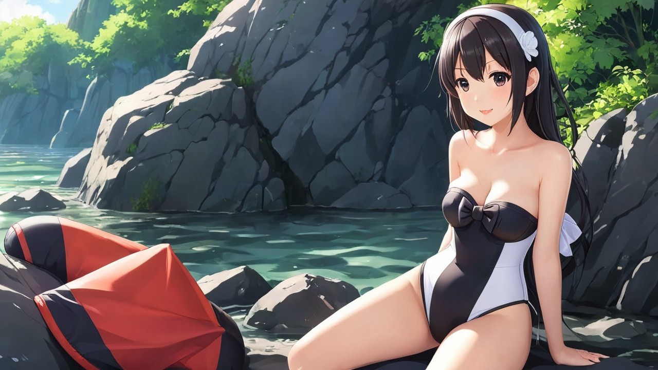 Young Woman in Swimsuit by Serene River Scene