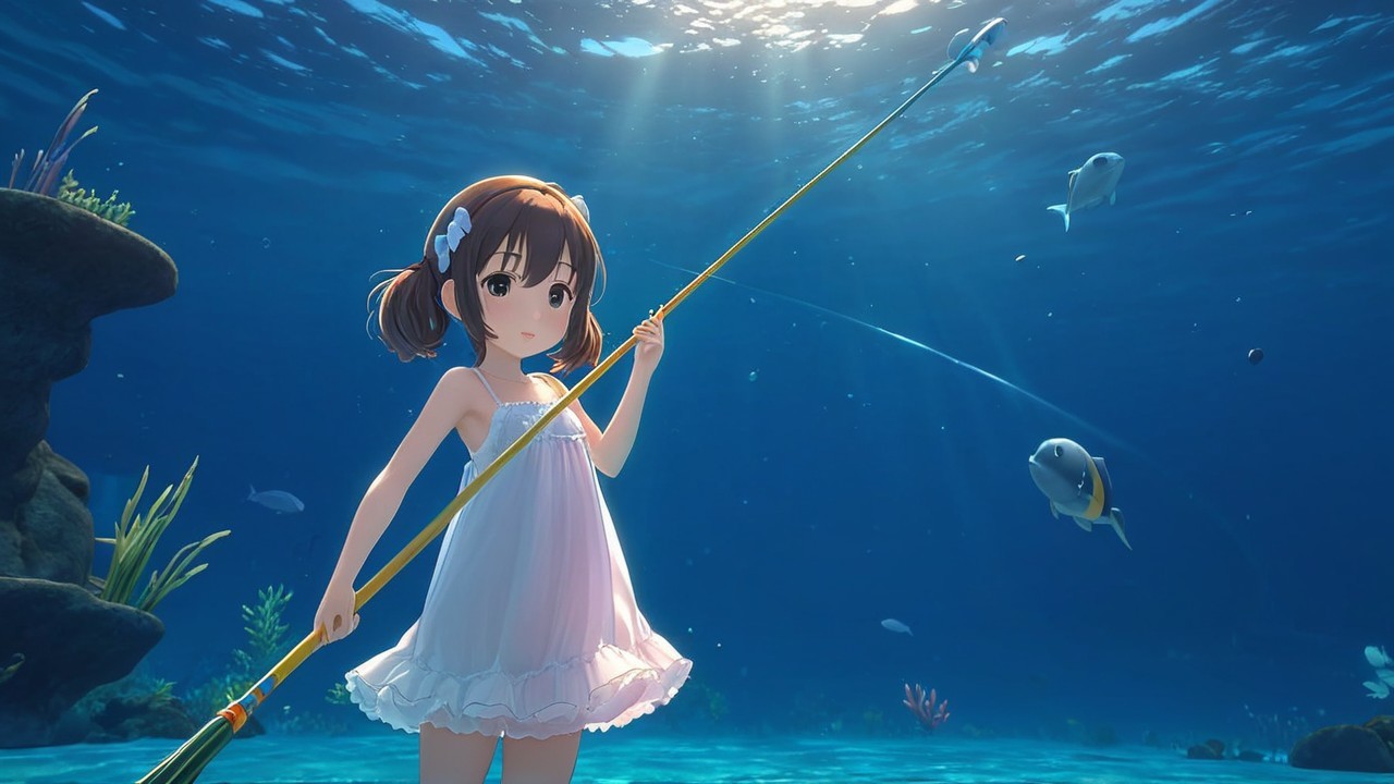 Young girl in white dress with spear underwater