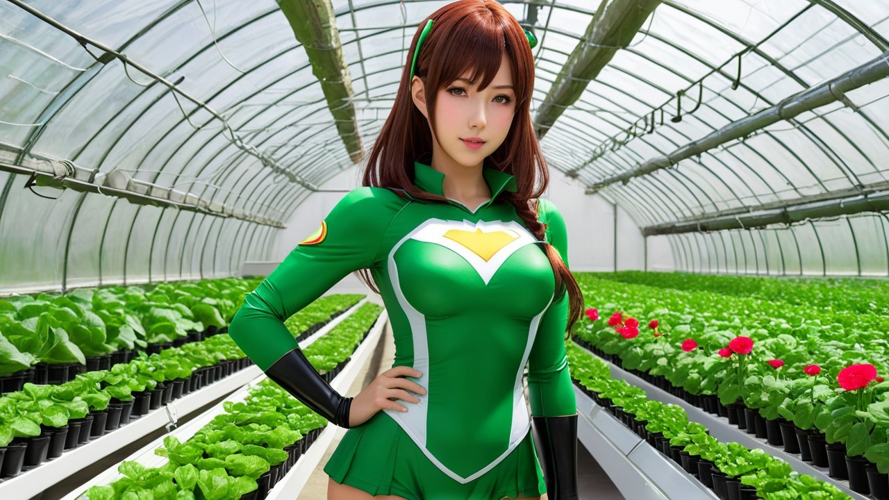 Woman in Green Outfit in Lush Greenhouse Setting