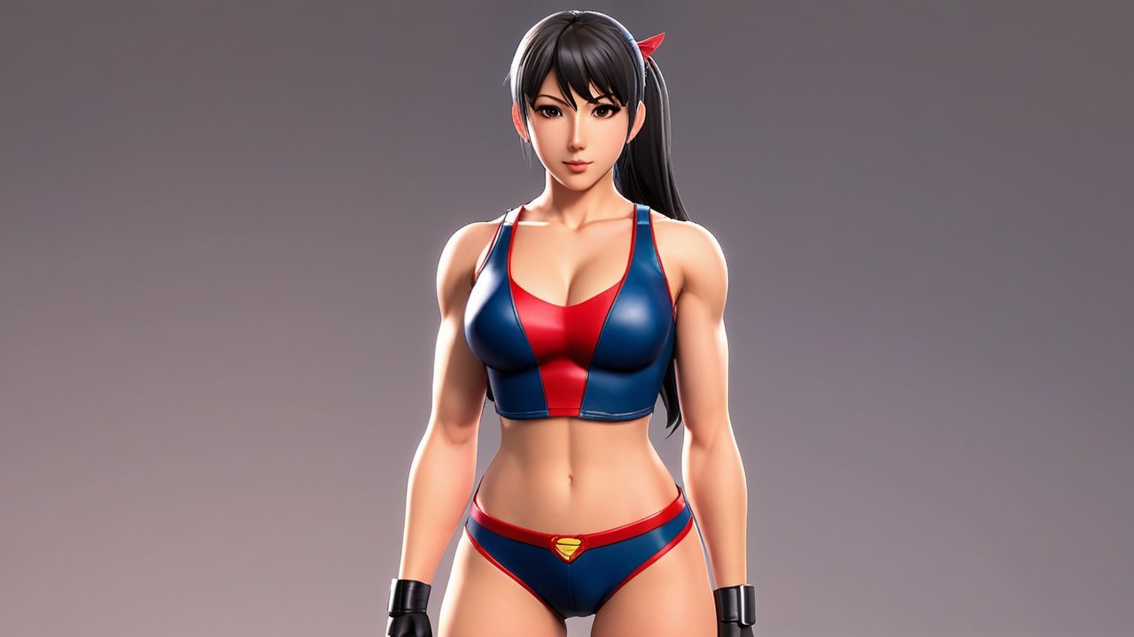 Female Superhero Character in Blue and Red Outfit