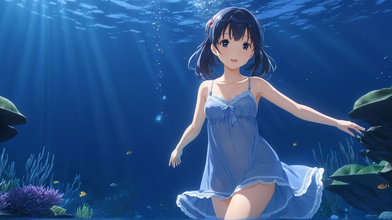 Young girl swimming with marine life in vibrant waters