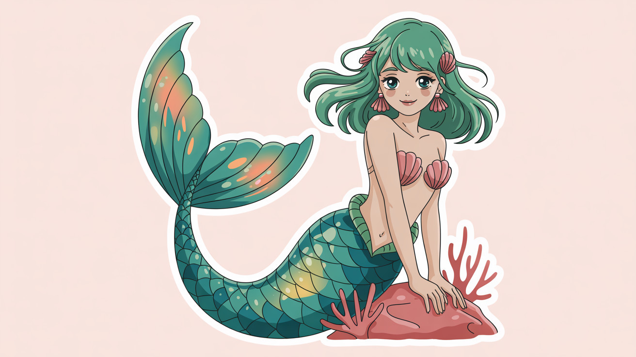 Cartoon Mermaid Sticker with Green Hair and Seashells