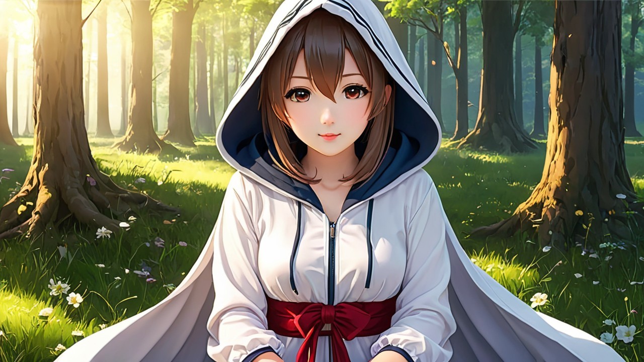 Young Woman in Cloak Surrounded by Forest Beauty