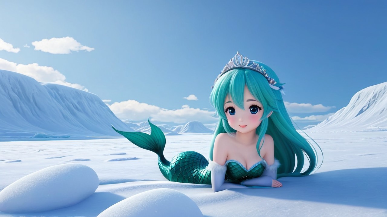 Whimsical Mermaid in Snowy Landscape with Blue Sky