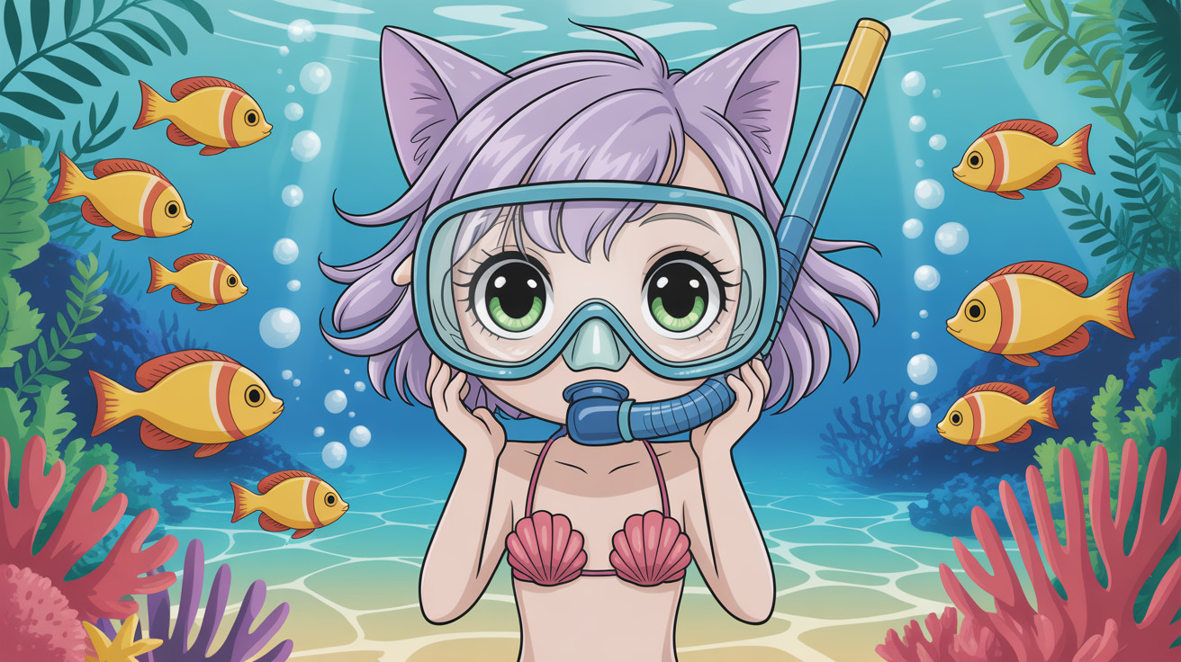 Anime cat girl in seashell bikini underwater scene