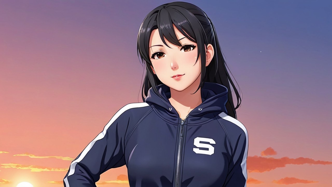 Anime character in athletic jacket at sunset backdrop