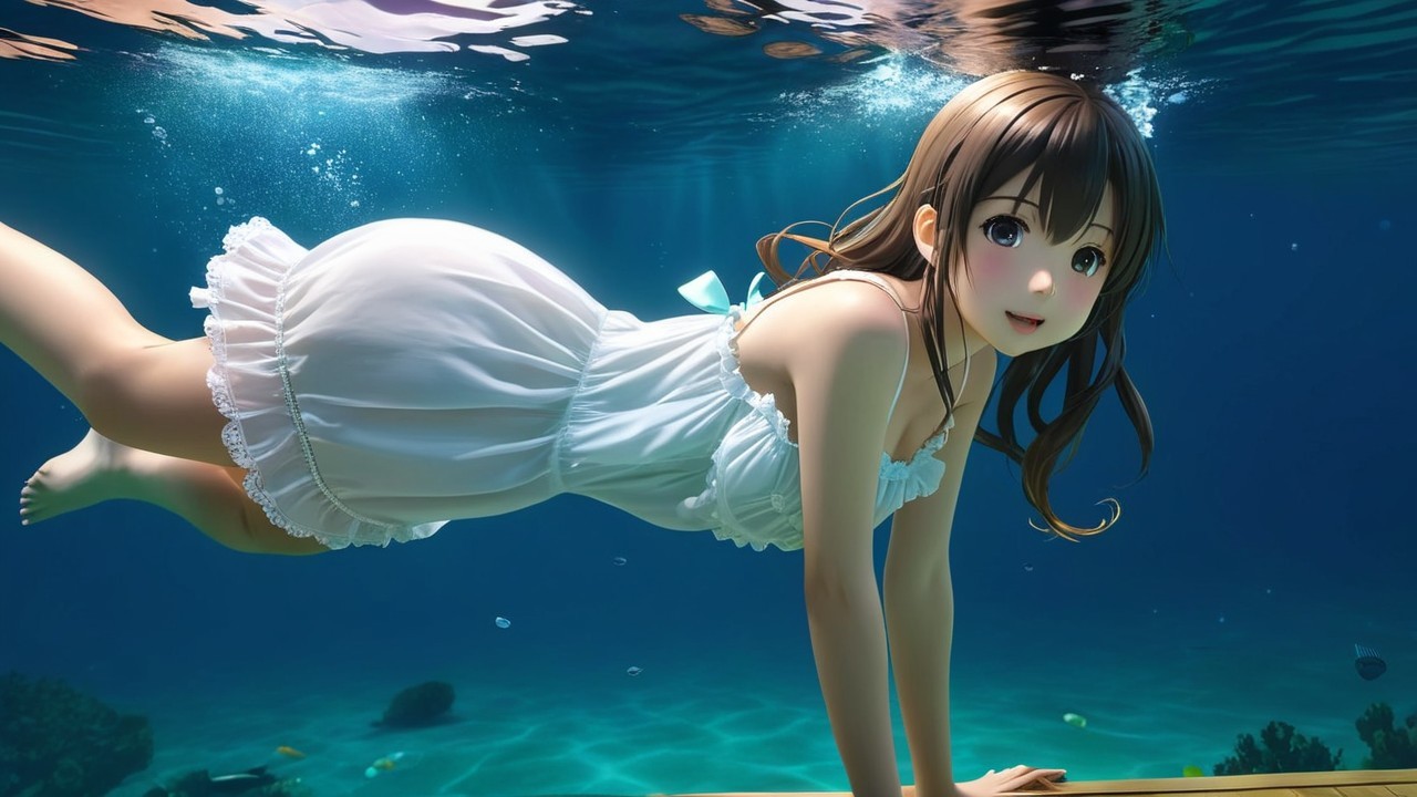 Young girl in white dress swimming in vibrant marine life