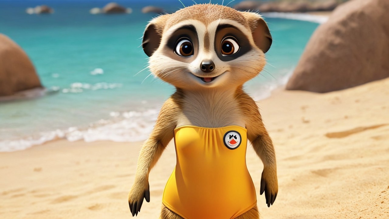 Cheerful meerkat in yellow swimsuit on sunny beach