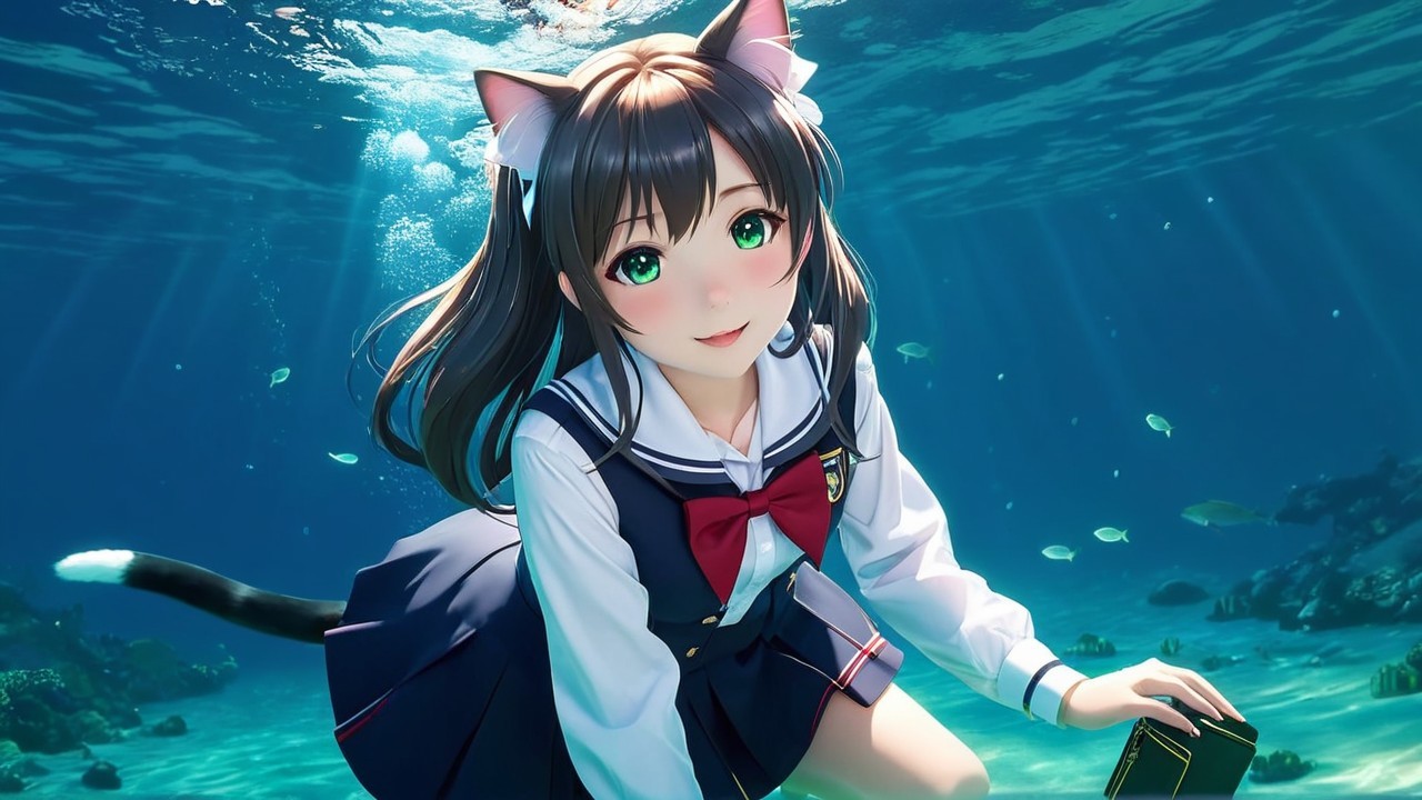 Cheerful Anime Girl Swimming with Colorful Fish