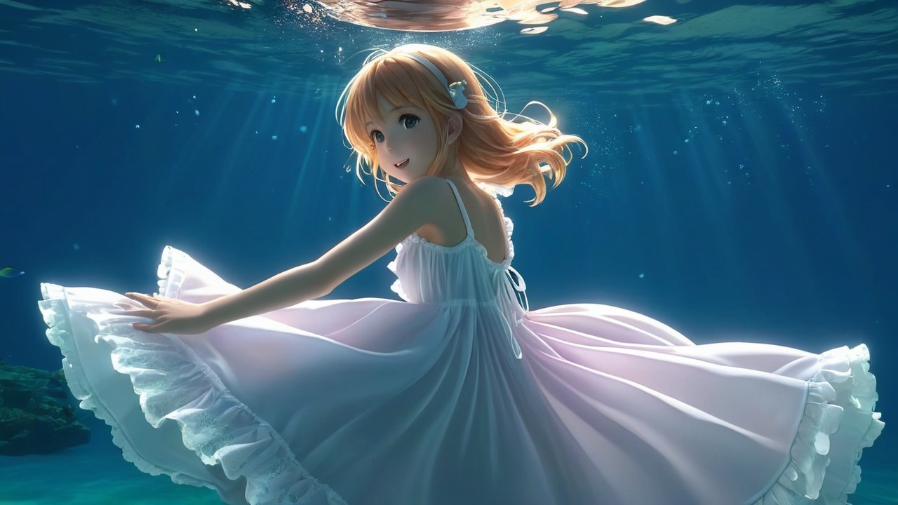 Young girl in white dress twirling underwater with fish