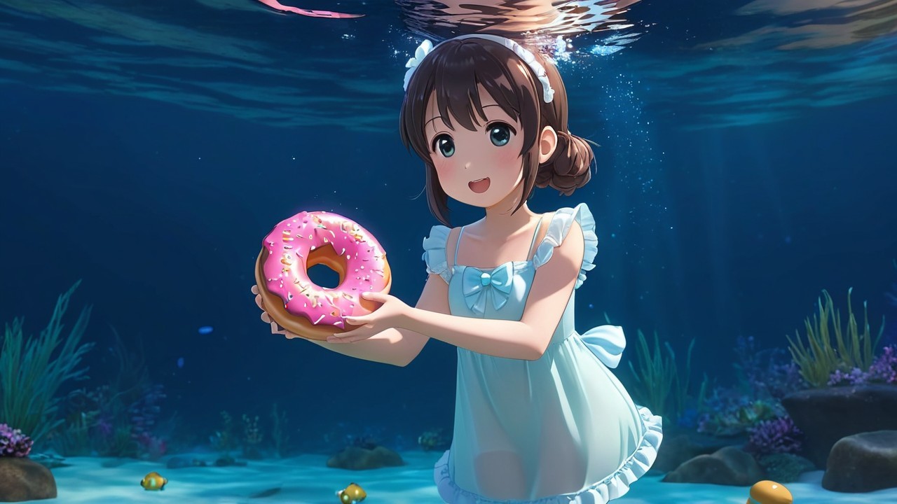 Anime girl swimming underwater with a pink donut