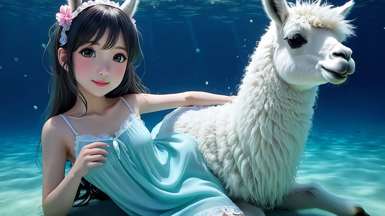 Underwater Scene with Woman and Llama in Sunlight