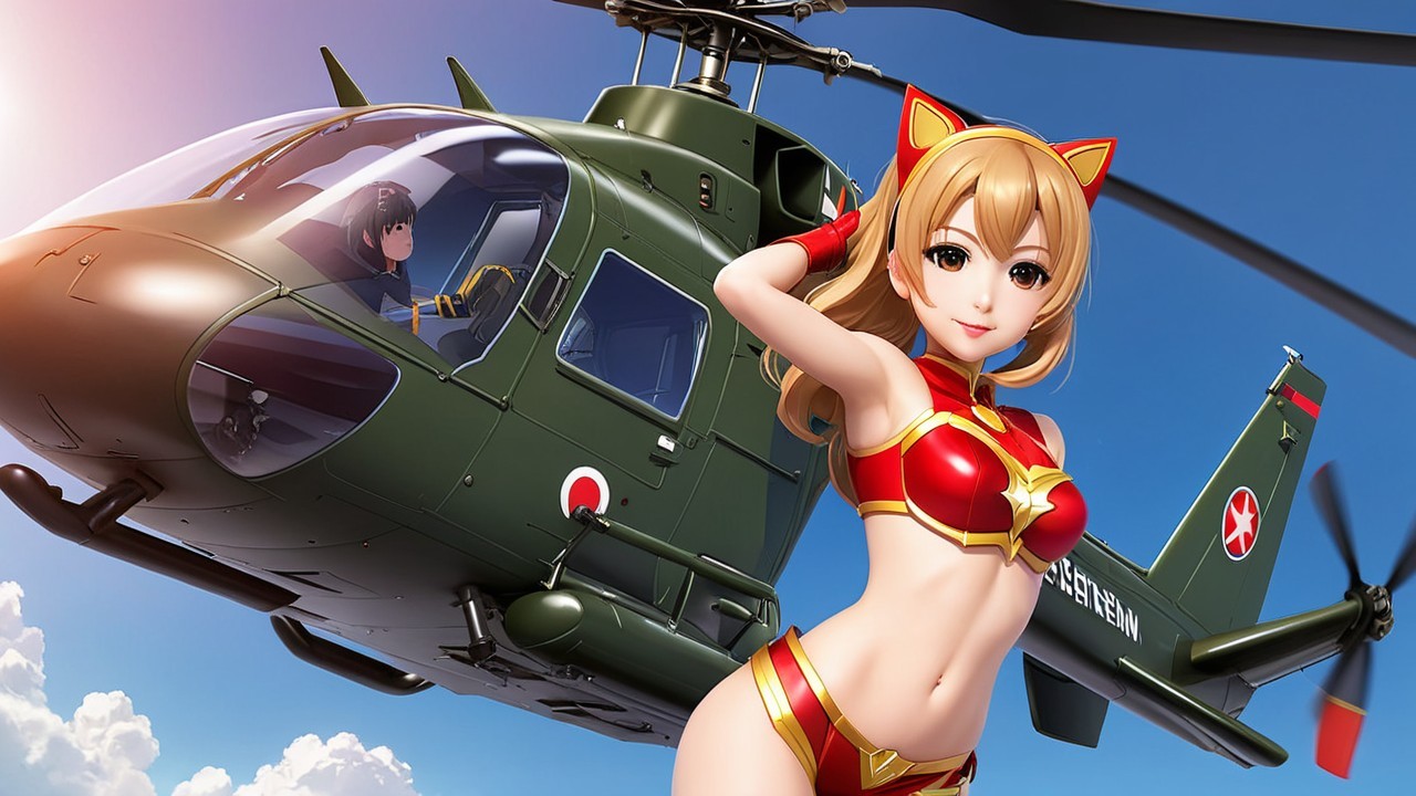 Anime Character with Cat Features and Helicopter Backdrop