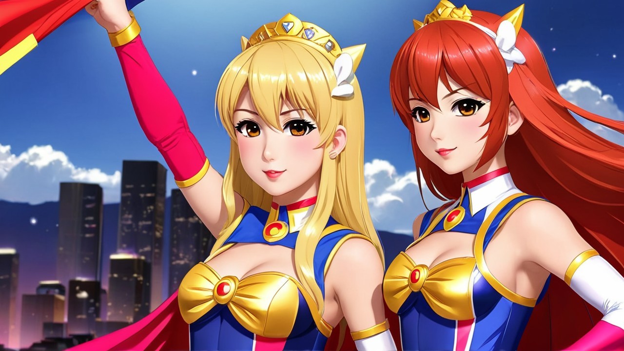 Anime Characters with Crowns Against City Skyline