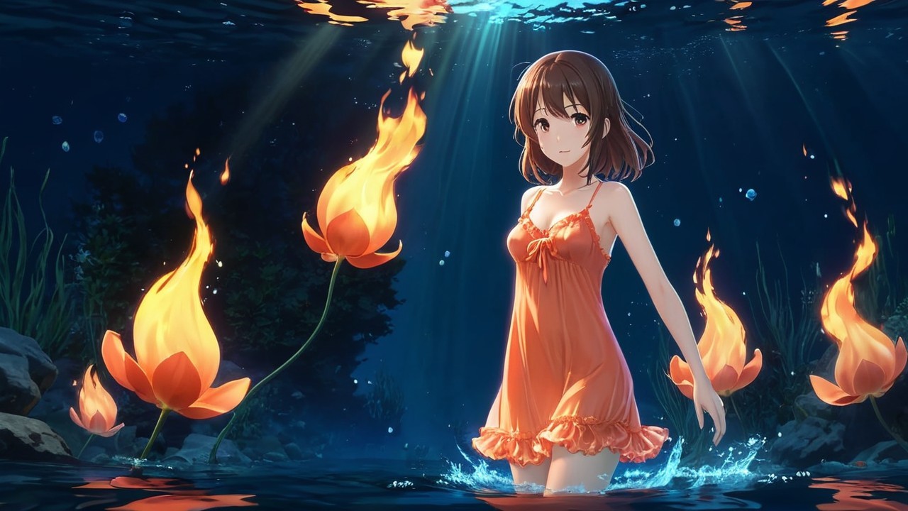 Underwater Scene with Girl in Orange Dress and Lotus Flowers