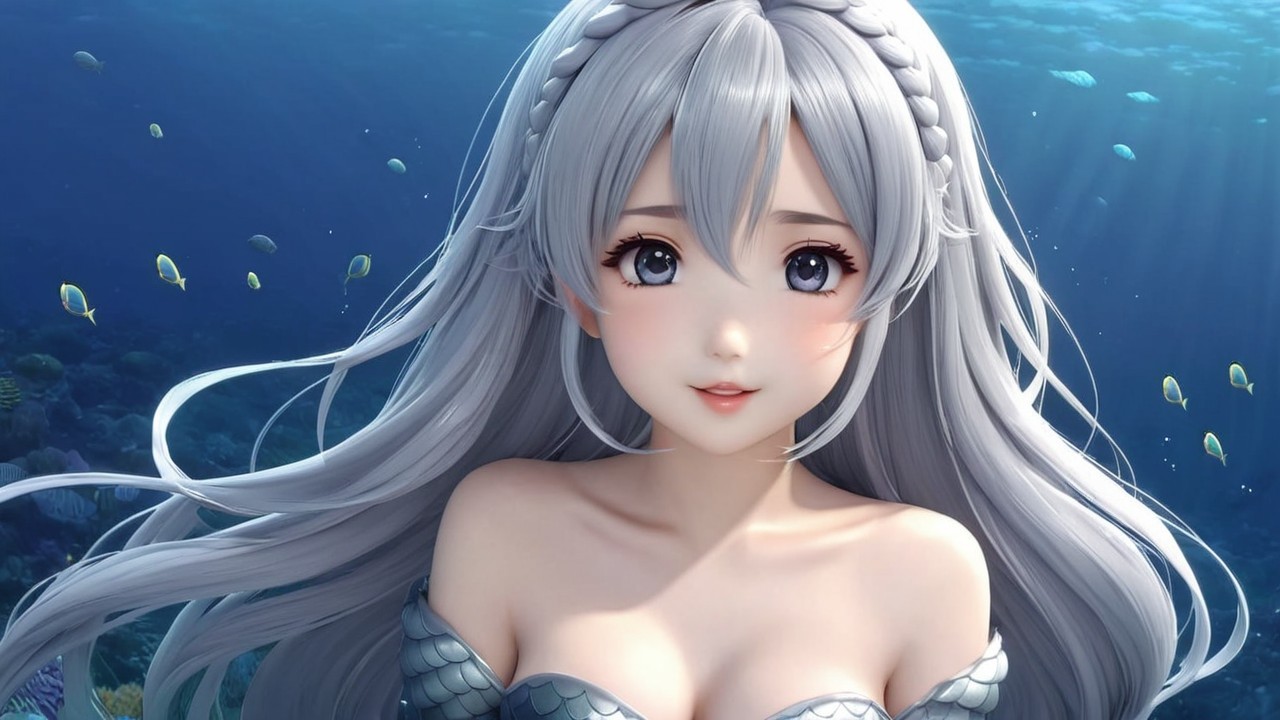 Anime-style mermaid swimming gracefully underwater