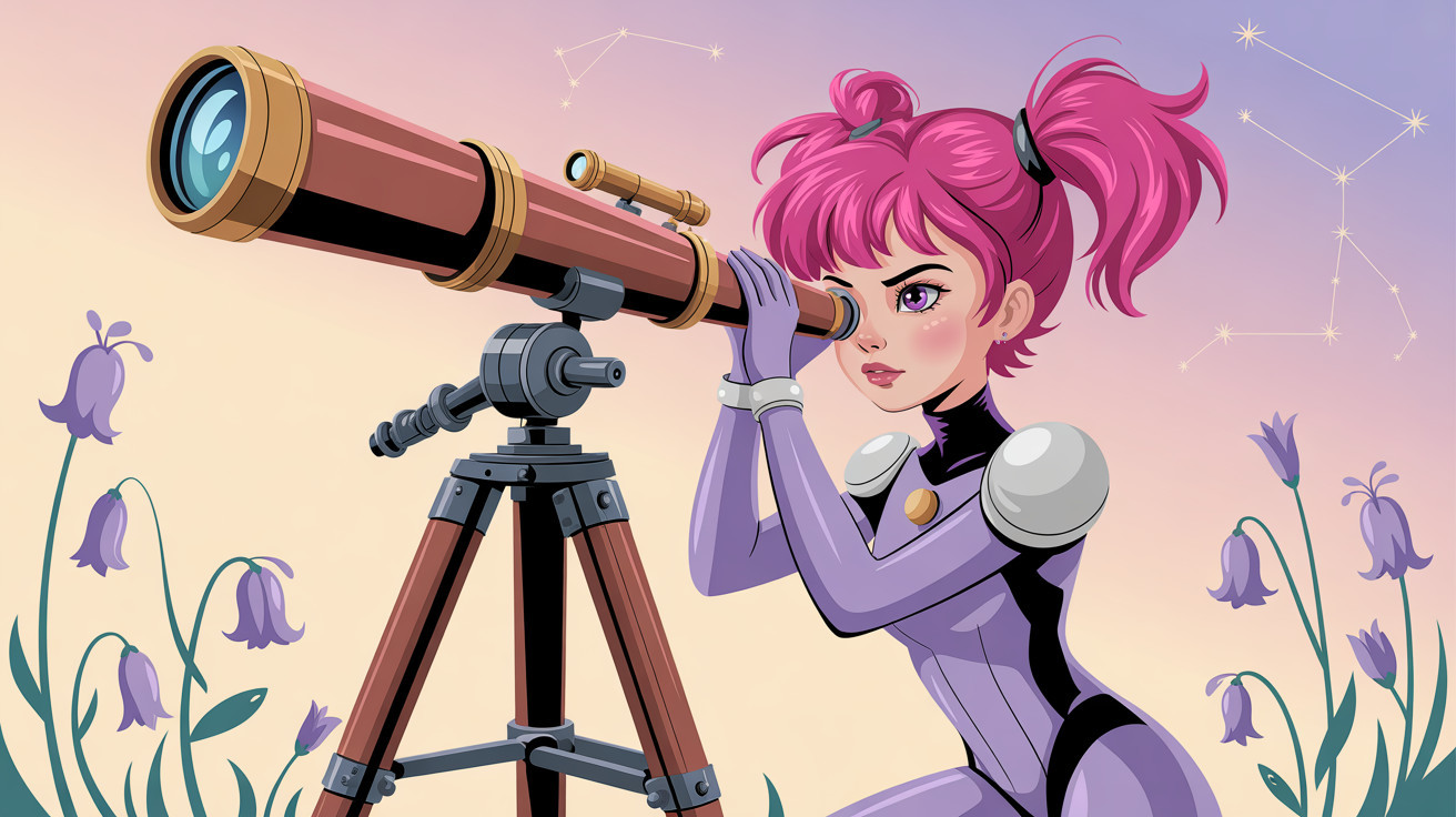 Anime girl with pink pigtails using a telescope in field