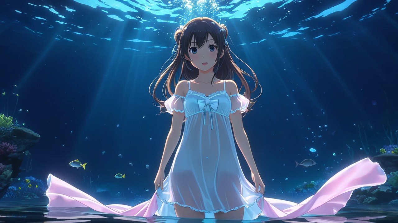 Underwater Scene with Woman in Translucent Gown