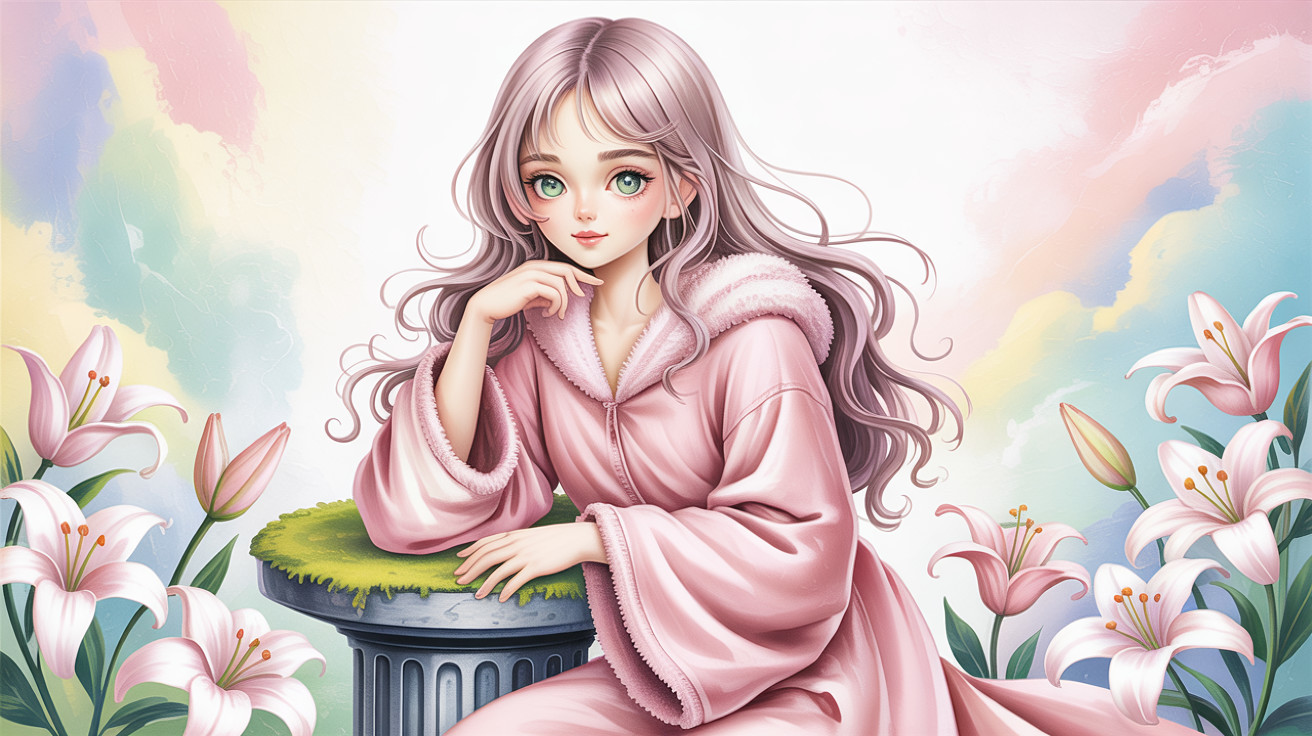 Anime Illustration of Girl in Cozy Pink Bathrobe