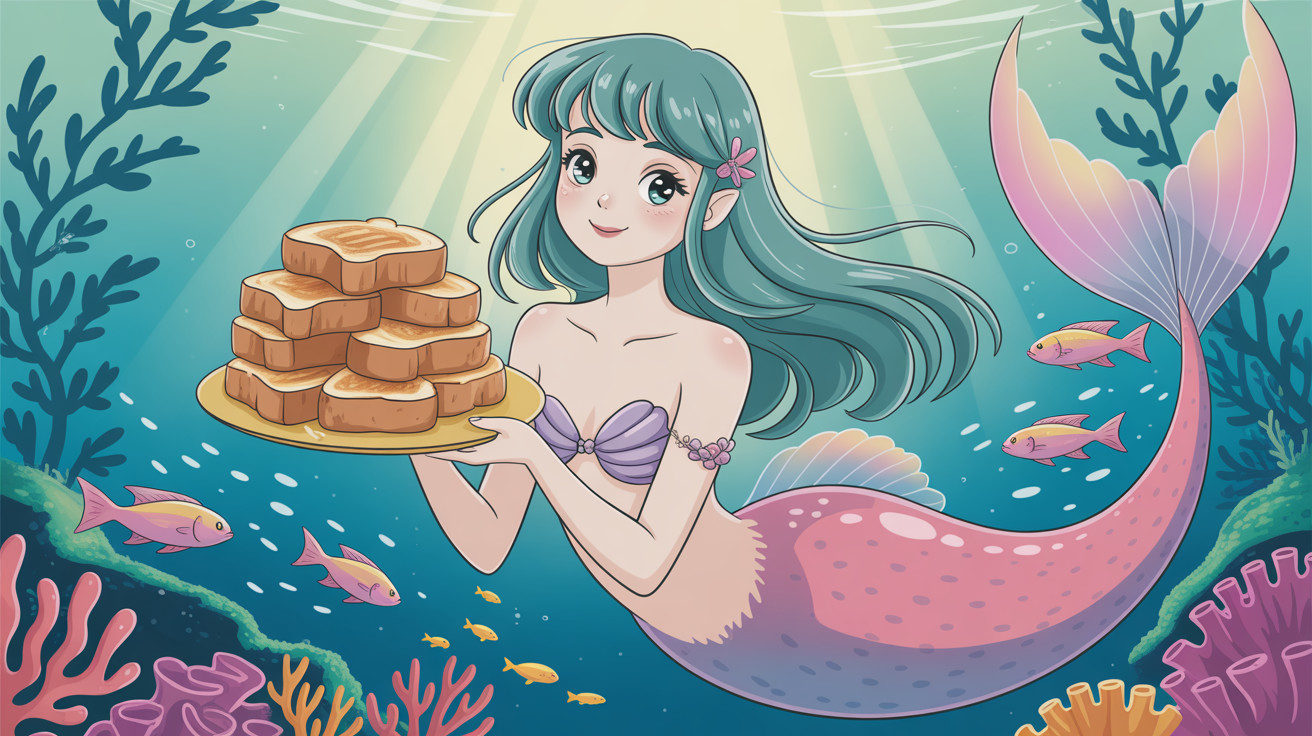 Mermaid with teal hair and golden toast underwater