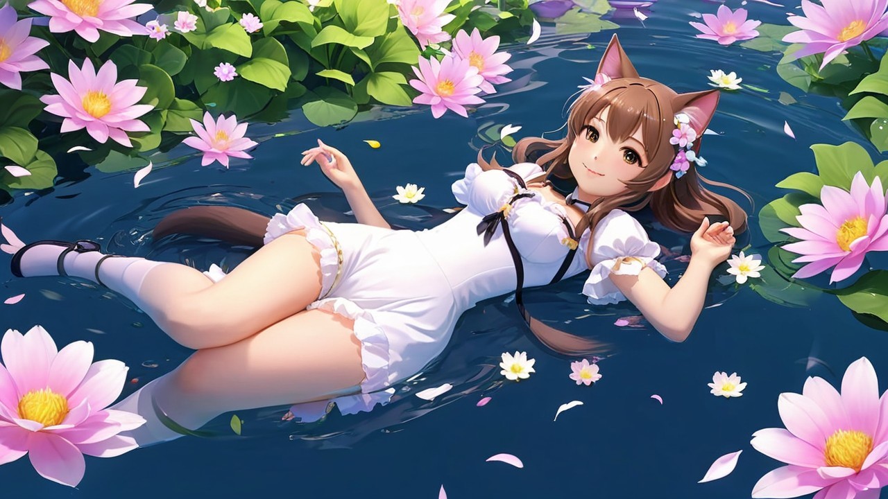 Whimsical Character with Cat Ears Among Lotus Flowers