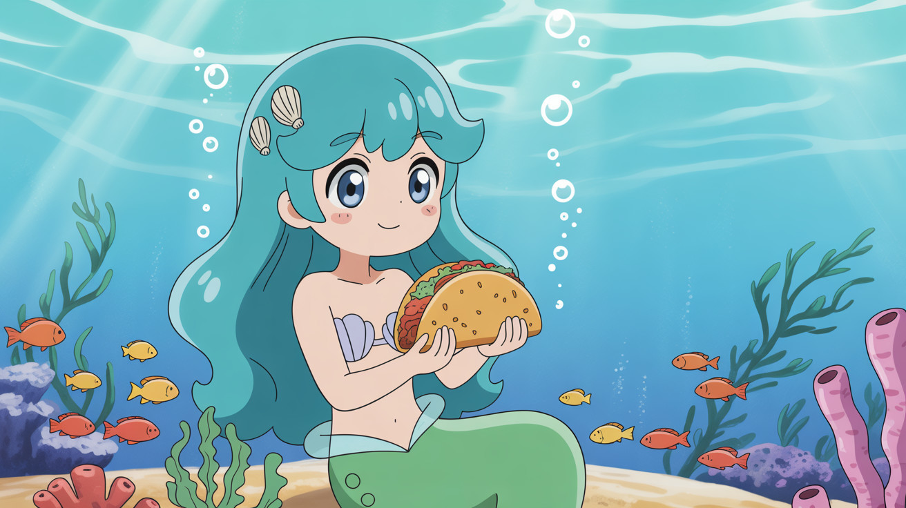 Cartoon Mermaid with Taco Underwater Scene Description