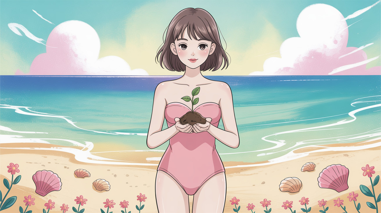 Anime Illustration of a Young Woman at the Beach