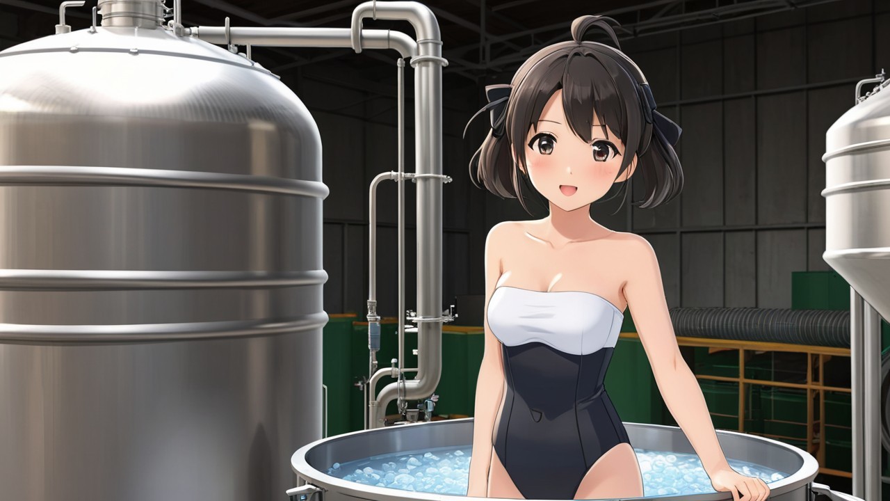 Cheerful Woman in Bubbles at Industrial Setting