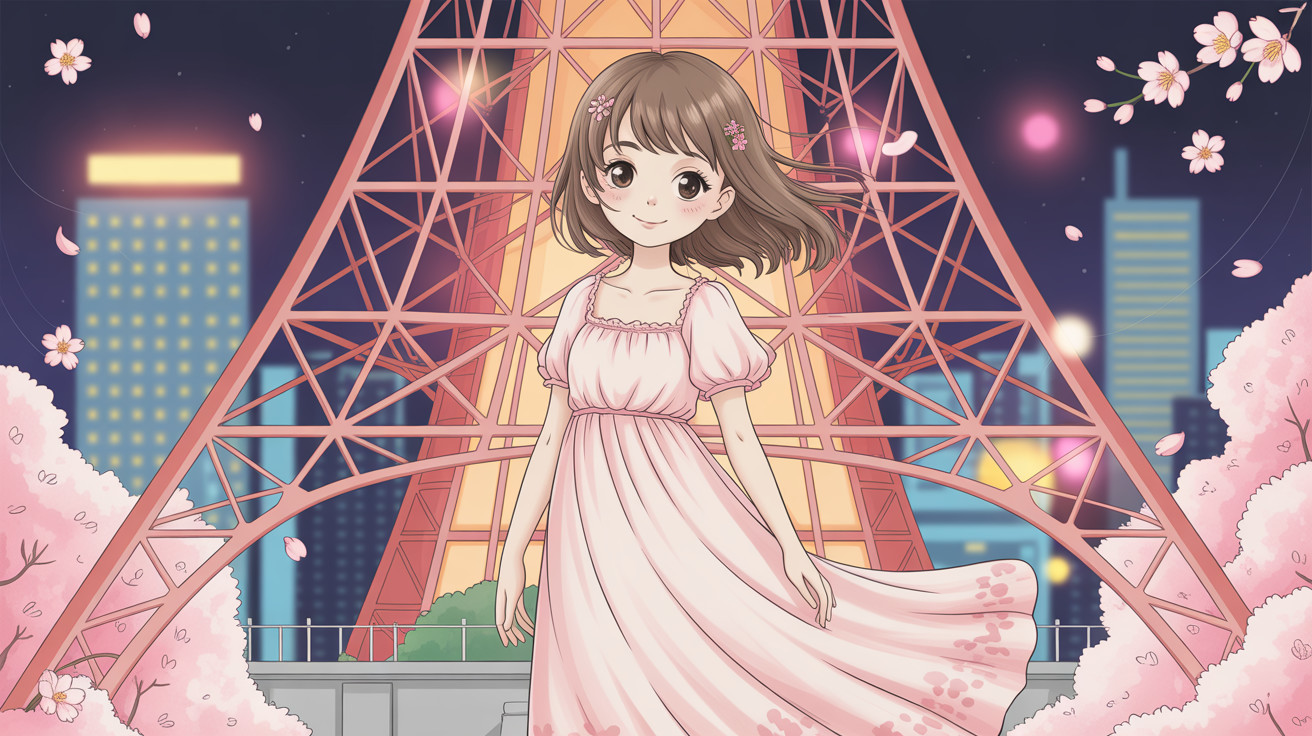 Anime girl in pink dress near illuminated Tokyo Tower