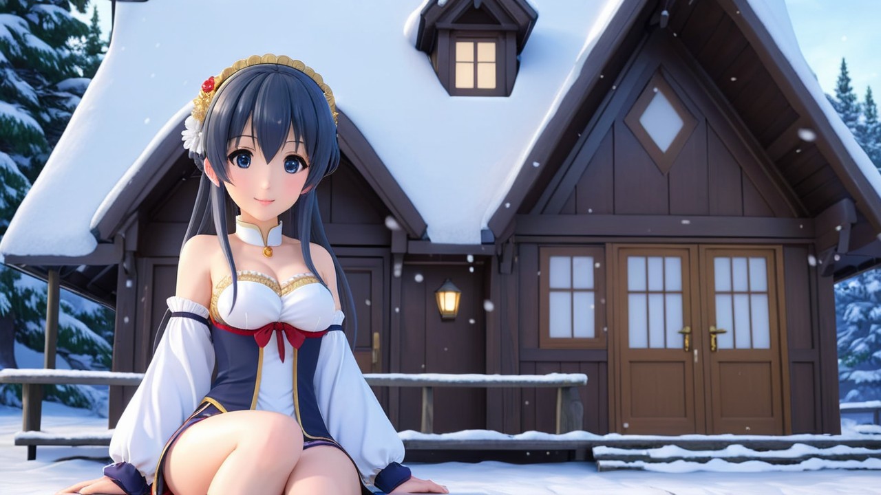 Cheerful Animated Character in Snowy Cabin Setting