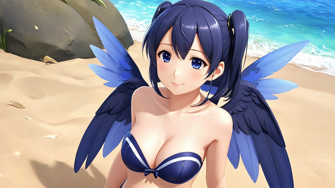 Young woman with blue wings on a sandy beach