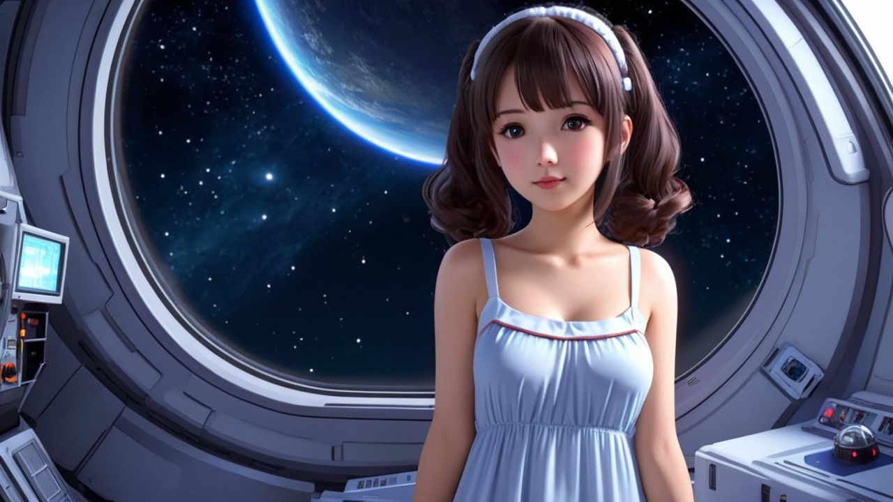 Young woman in blue dress gazes at distant planet