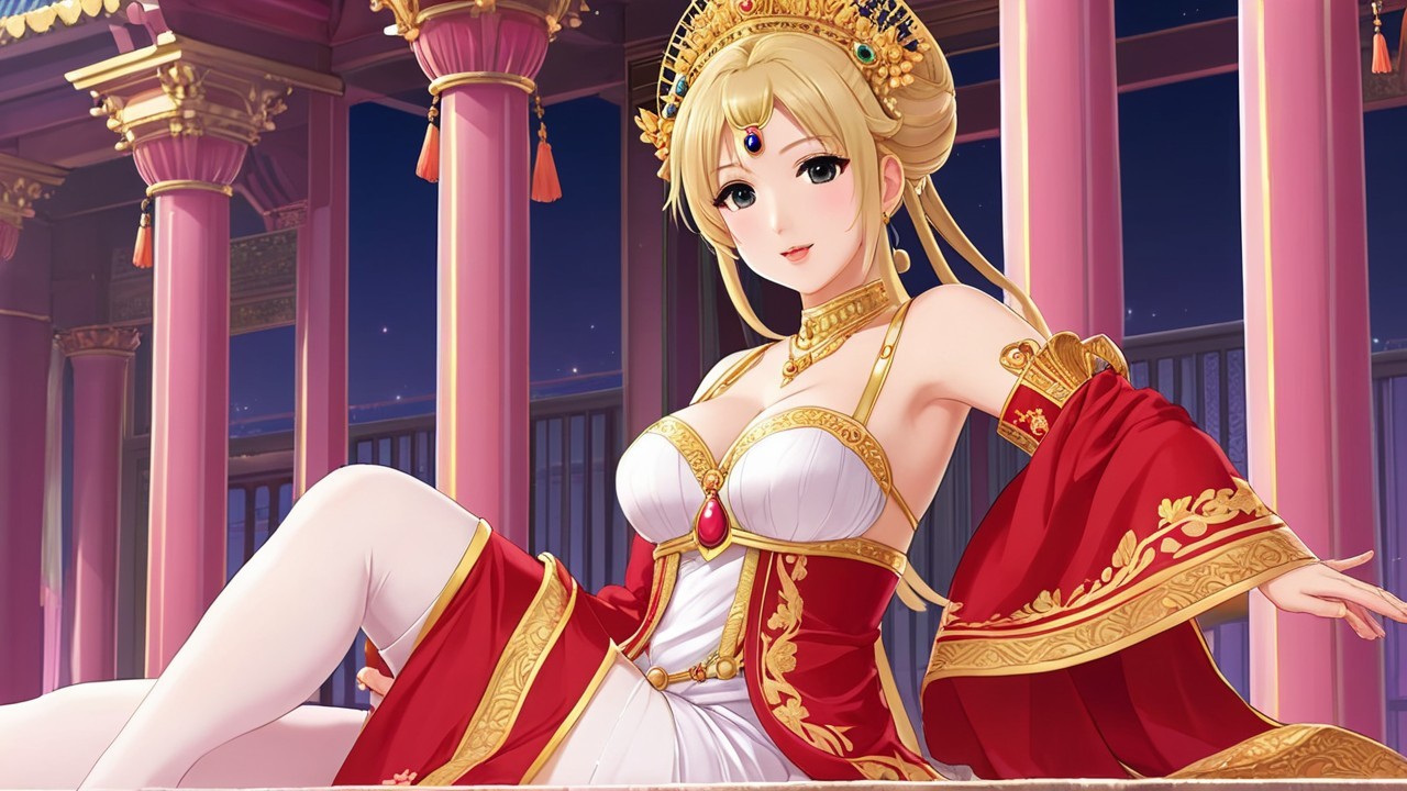 Elegant Woman in Luxurious Red and Gold Setting